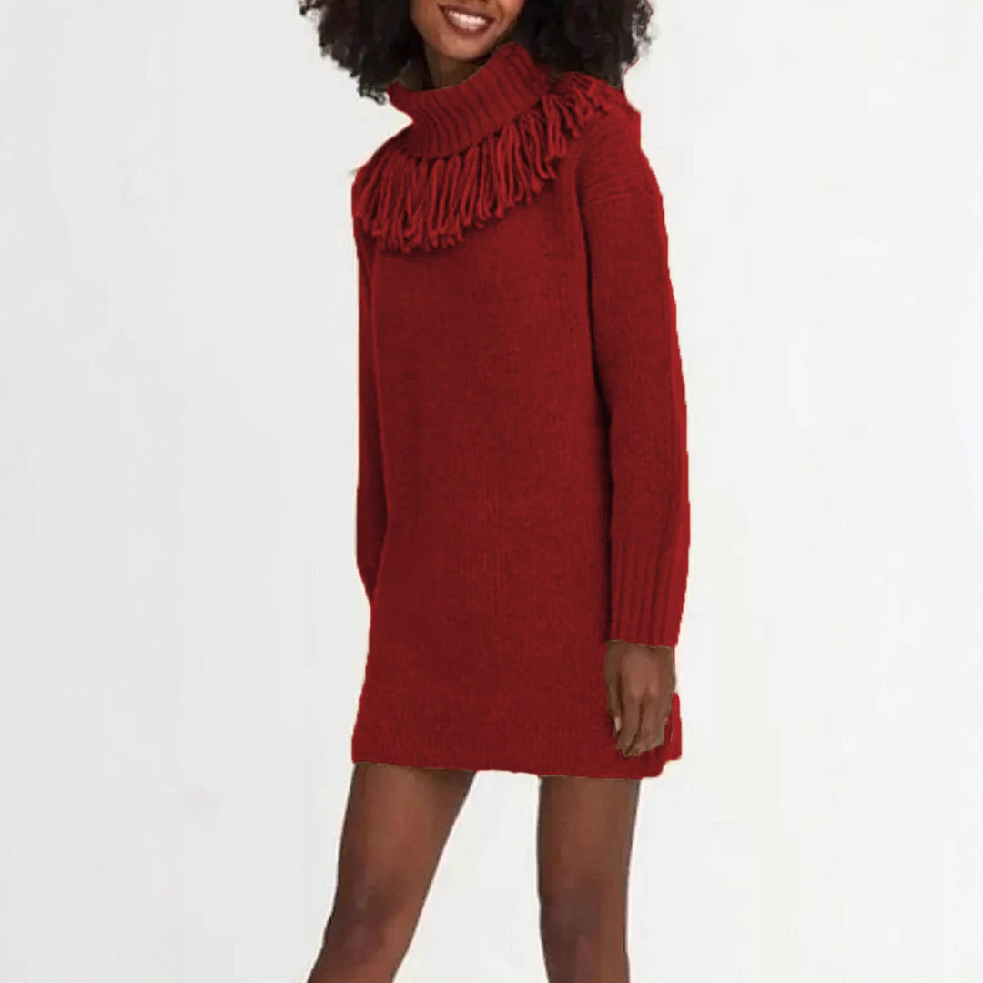 Damen Strickkleid mit hohem Rollkragen und modischen Fransen Drune