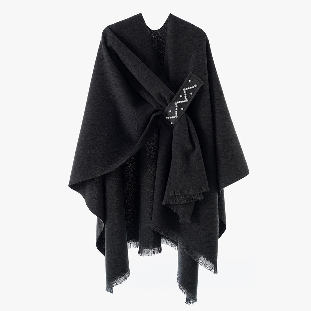 Damen Eleganter Wickel-Umhang aus Wollmischung mit Taillenschärpe und Fransensaum Drune
