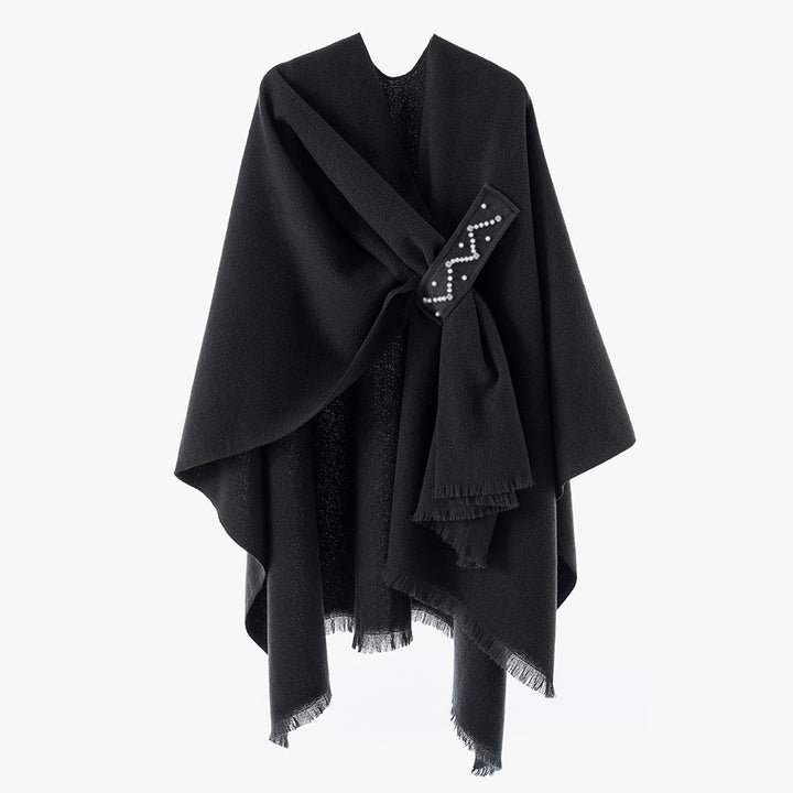 Damen Eleganter Wickel-Umhang aus Wollmischung mit Taillenschärpe und Fransensaum Drune