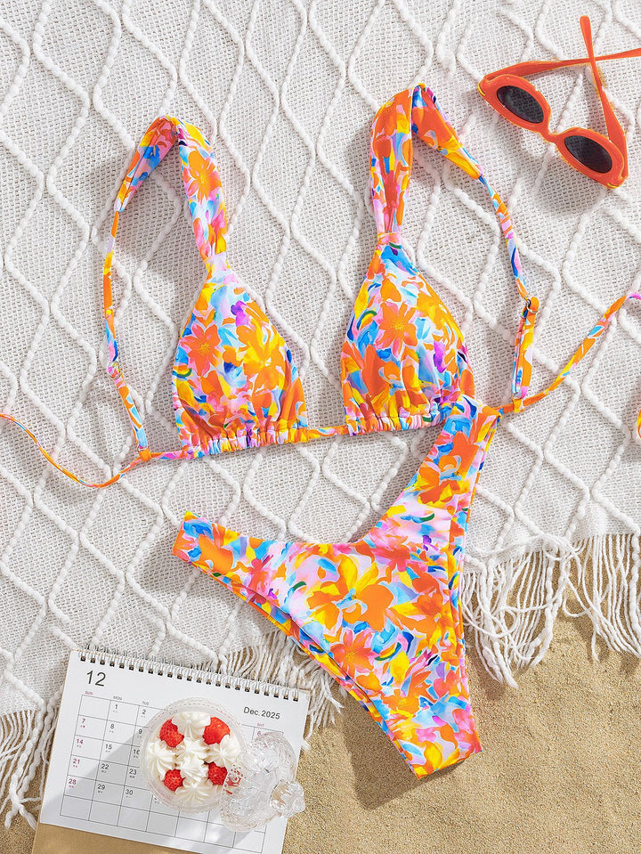 Damen Triangel-Bikini mit buntem Blumendesign und verstellbaren Trägern Drune