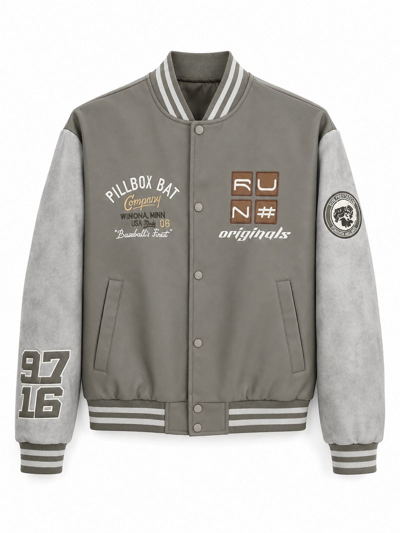 Herren Varsity-Bomberjacke im Retro-College-Stil mit Kunstlederkörper und Kontrastärmeln Drune