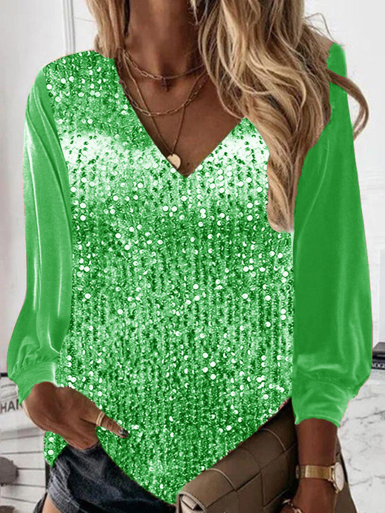 Damen Glitzernde Pailletten V-Ausschnitt Bluse mit Satinärmeln Drune