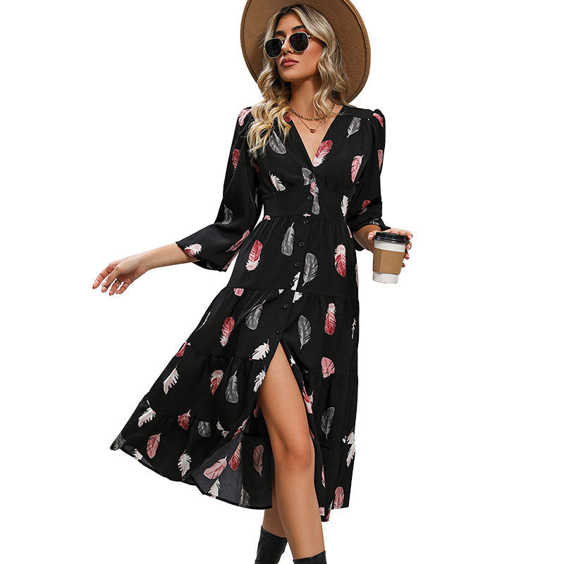 Damen Langarm Kleid mit Federprint Drune