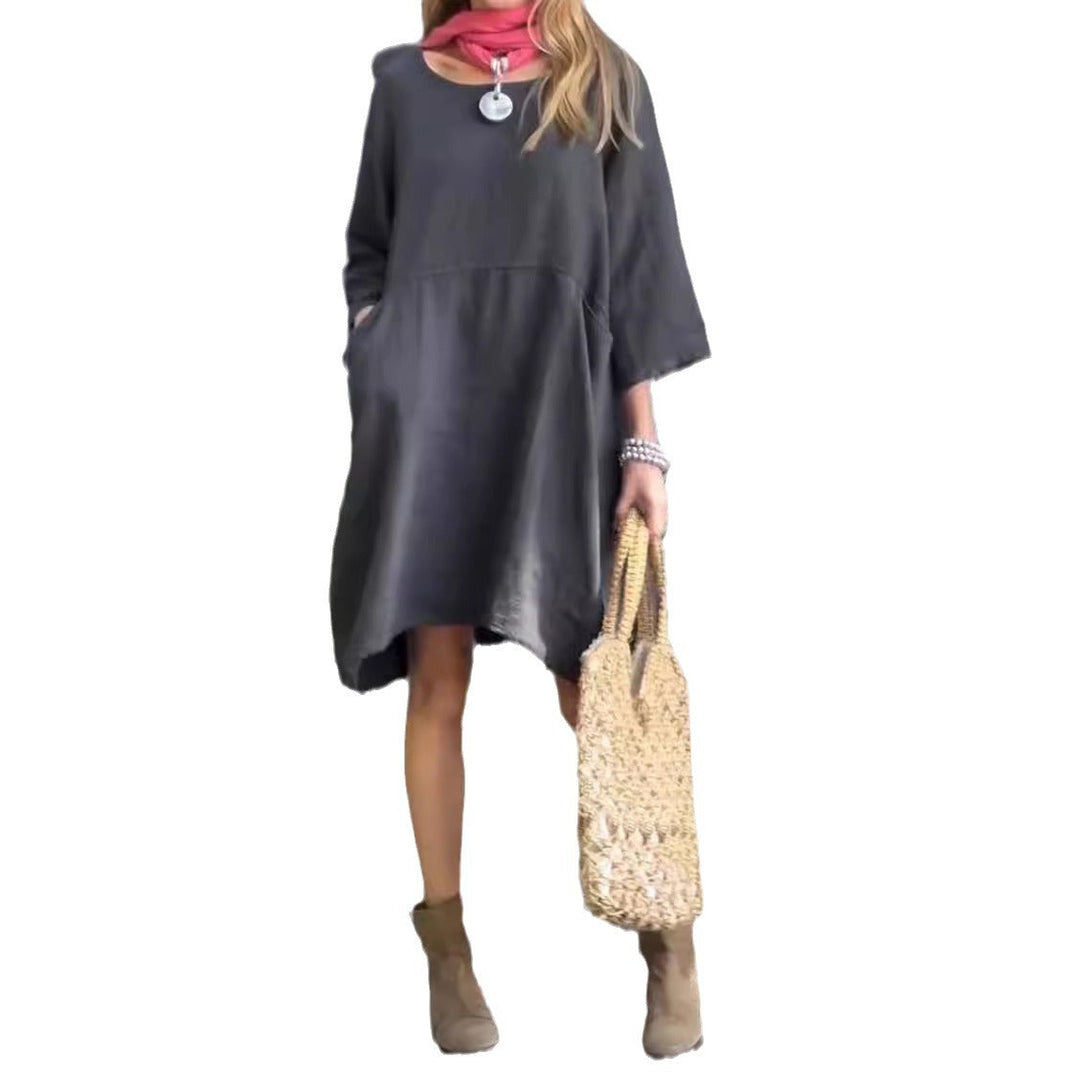 Damen lässiges Leinenkleid mit praktischen Taschen und asymmetrischem Saum Drune