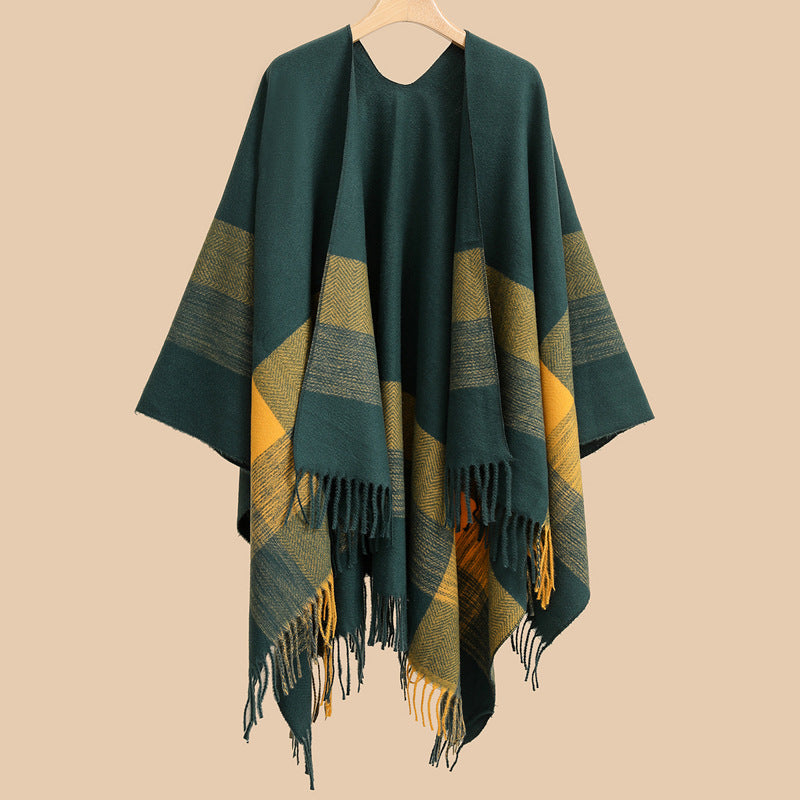 Damen Capeponcho aus Wollmix mit Ärmelschlitzen, offener Front und Fransenabschluss Drune
