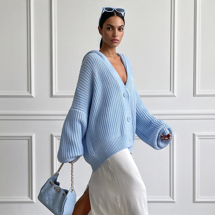 Damen Oversized Kapuzen-Strickcardigan mit Ballonärmeln und Knopfleiste Drune