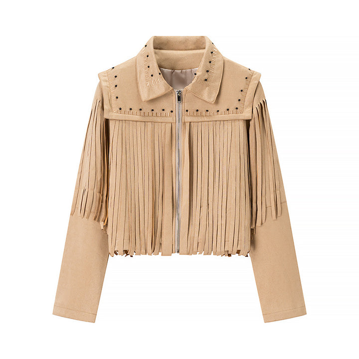 Damen Fransenlederjacke mit dekorativen Nieten Drune