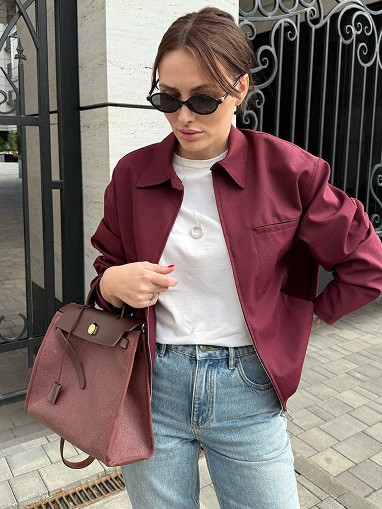 Damen Leichte Twill-Übergangsjacke mit Hemdkragen, verdecktem Reißverschluss und kastiger Silhouette Drune