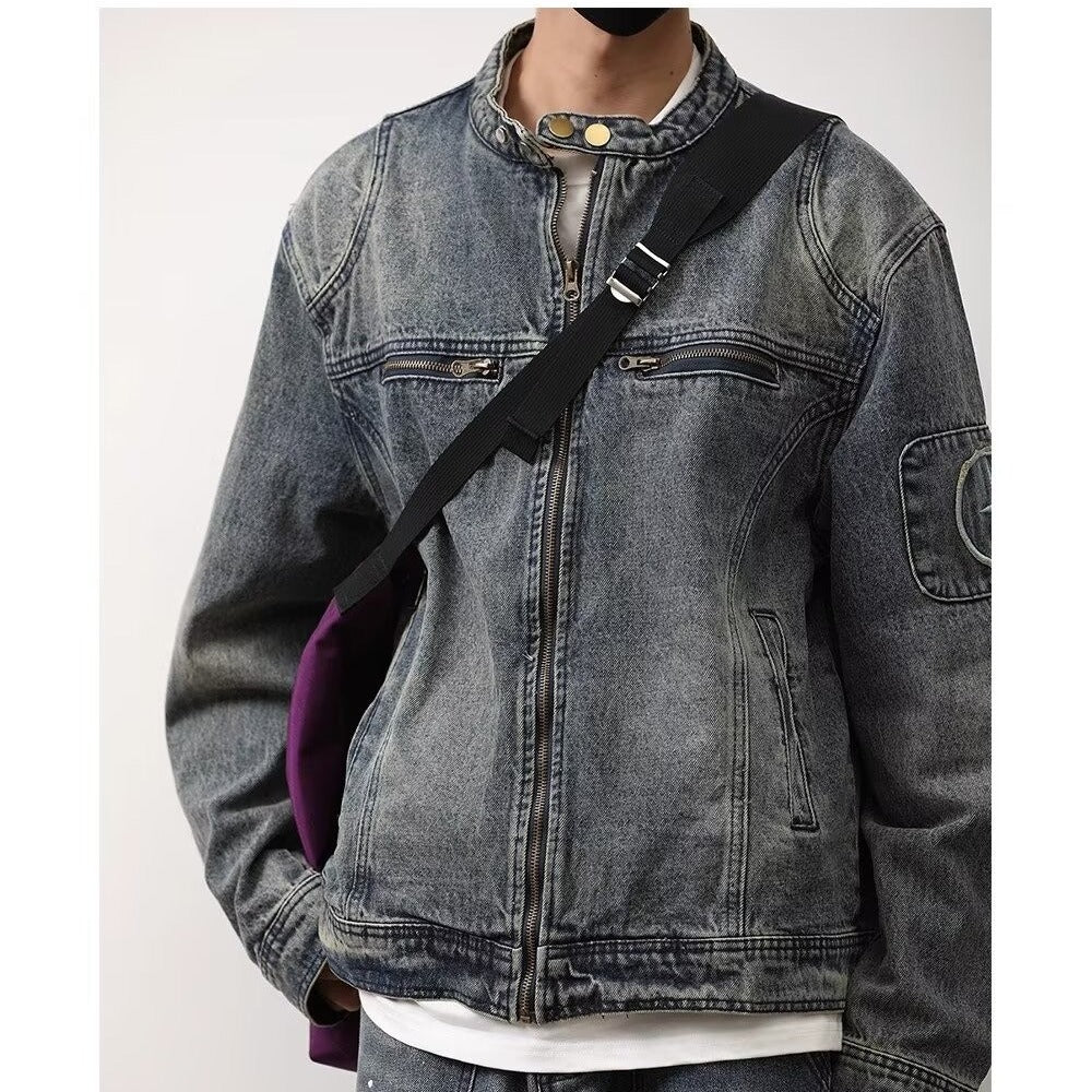Herren Jeansjacke im Vintage‑Wash mit Stehkragen und Reißverschluss Drune