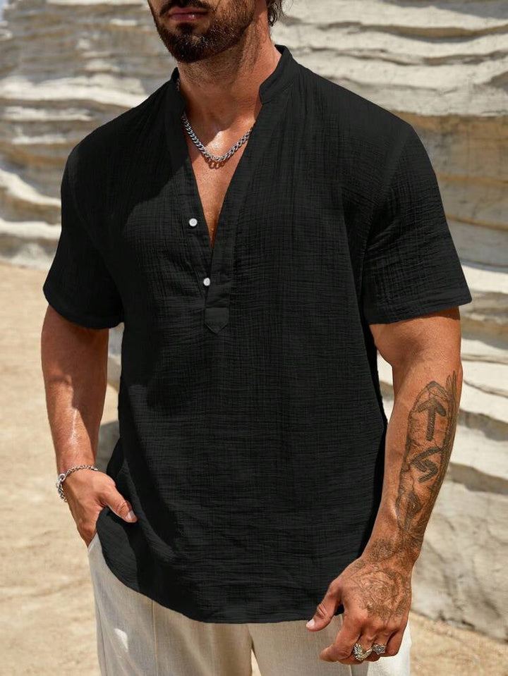 Herren Kurzarm Henley Hemd mit modernem Stehkragen aus leichtem Baumwollmaterial Drune