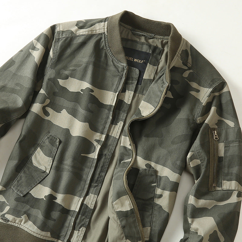Herren Bomberjacke im Military-Camouflage mit Reißverschluss, Rippbündchen und Ärmeltasche Drune