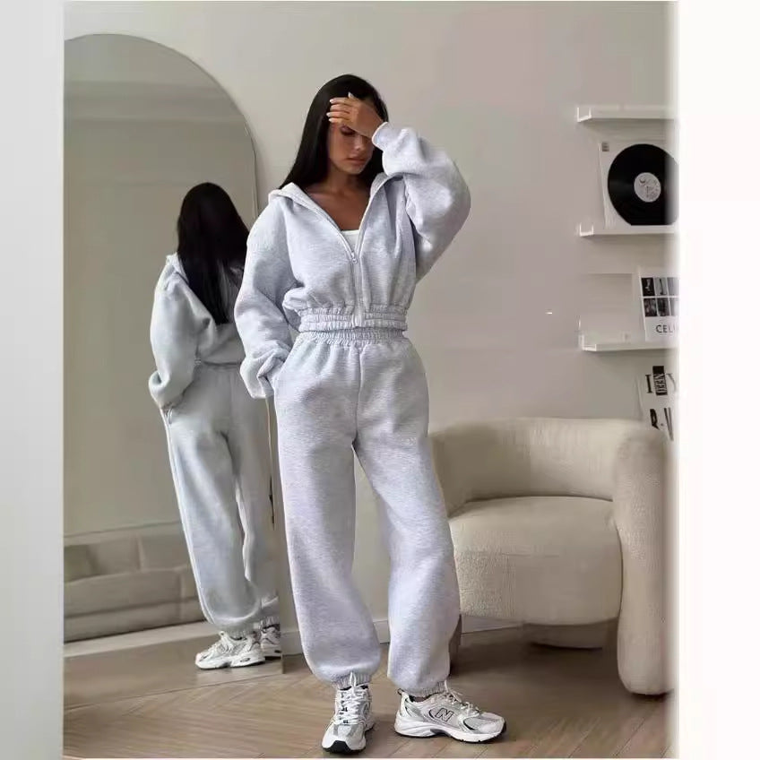 Damen kuscheliger Zip-Hoodie und Jogginghose Set Drune