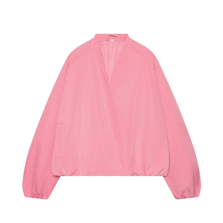 Damen Oversize Cropped Bomberjacke mit offenem V-Ausschnitt und elastischem Saum Drune