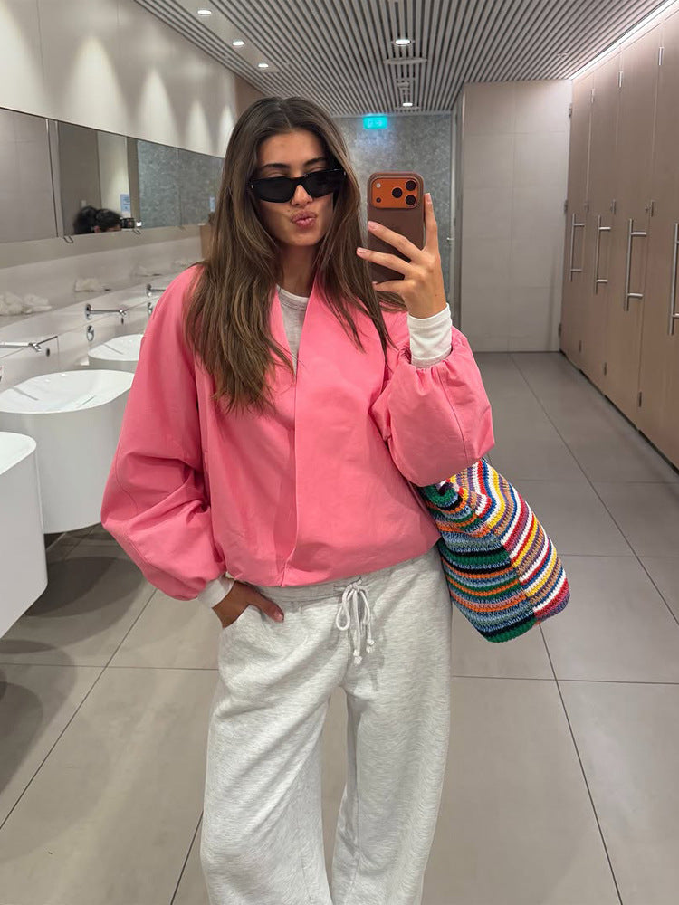 Damen Kurzblouson im Boxy-Cut mit voluminösen Ballonärmeln und verdeckter Front Drune