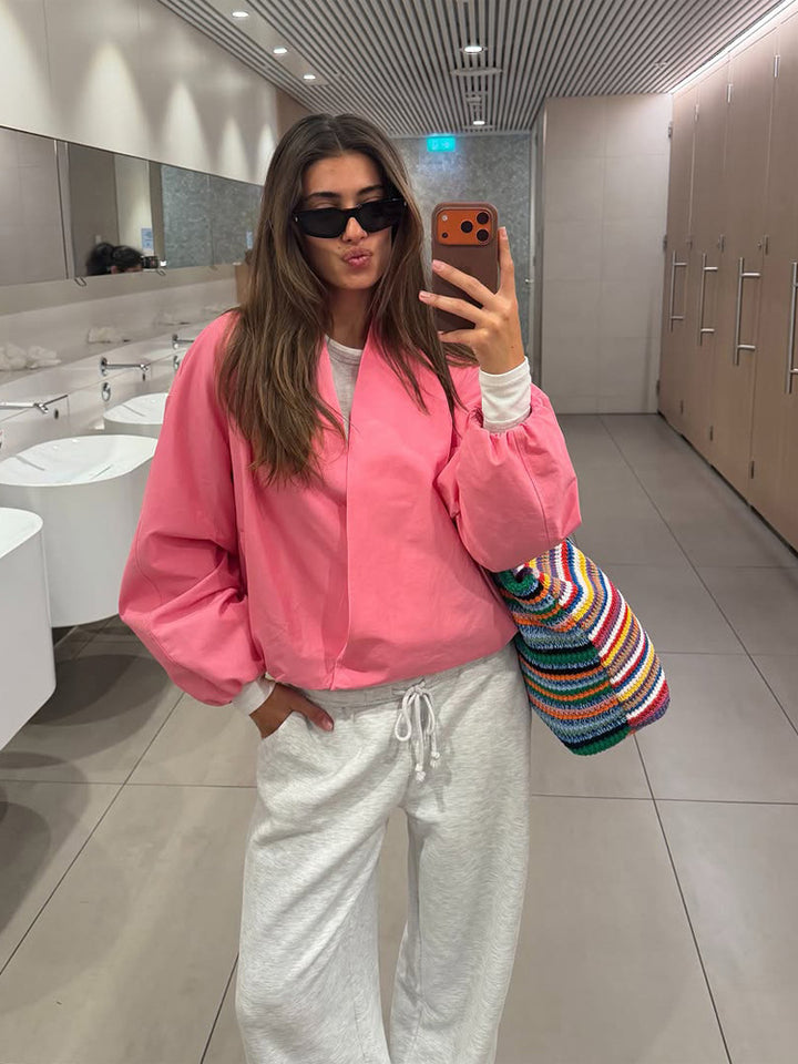 Damen Kurzblouson im Boxy-Cut mit voluminösen Ballonärmeln und verdeckter Front Drune