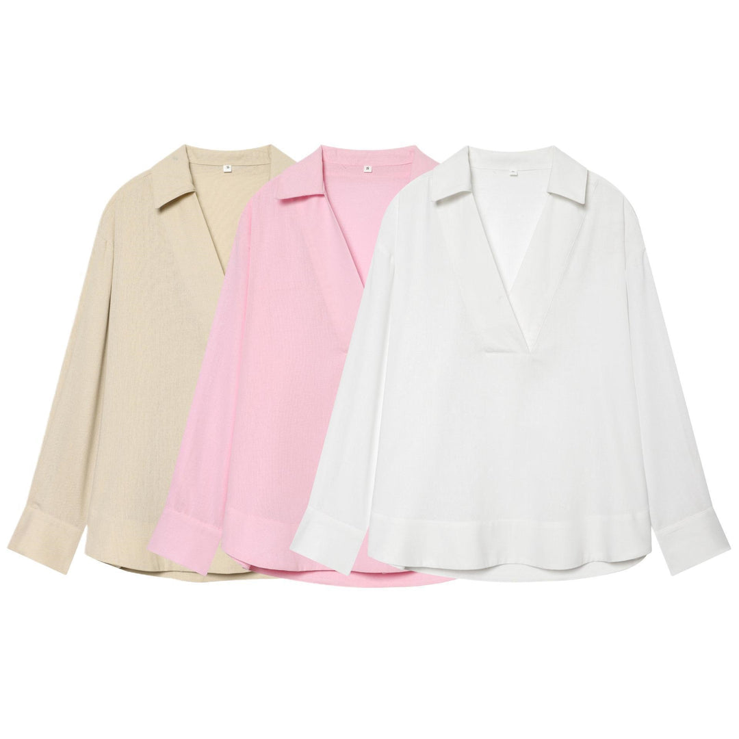 Damen Locker fallende Leinenoptik Bluse mit V‑Ausschnitt, Hemdkragen und Umschlagmanschetten Drune