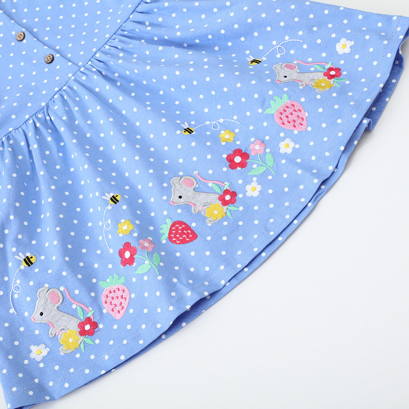Mädchen Freizeitkleid mit niedlichen Mäuse- und Blumenstickereien Drune
