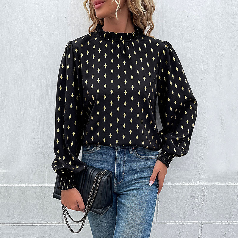 Damen Elegante Rüschen-Stehkragen-Bluse mit Puffärmeln und Smokbündchen Drune