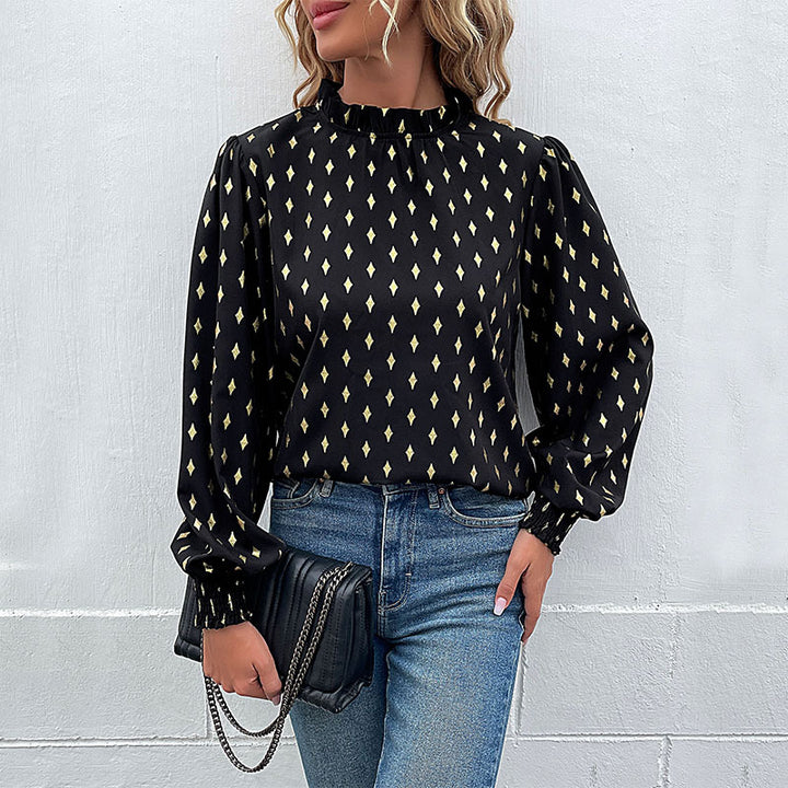Damen Elegante Rüschen-Stehkragen-Bluse mit Puffärmeln und Smokbündchen Drune