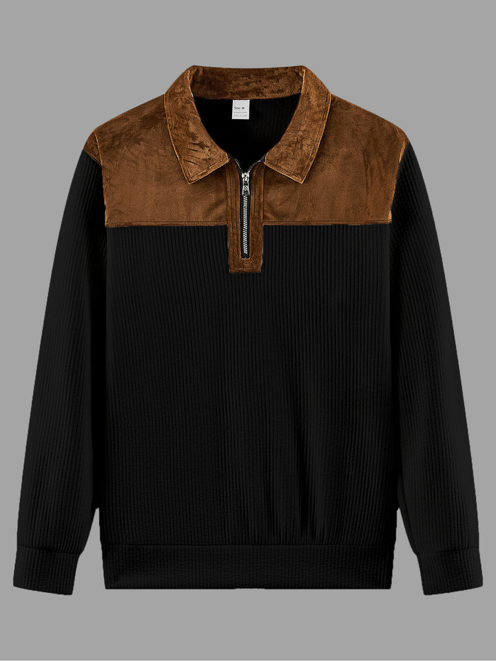 Unisex nan feinstrukturierter Strickpullover mit halbem Reißverschlusskragen und Samtbesatz Drune