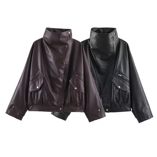 Damen Oversized Kunstleder-Capejacke mit hohem Stehkragen und Pattentaschen Drune