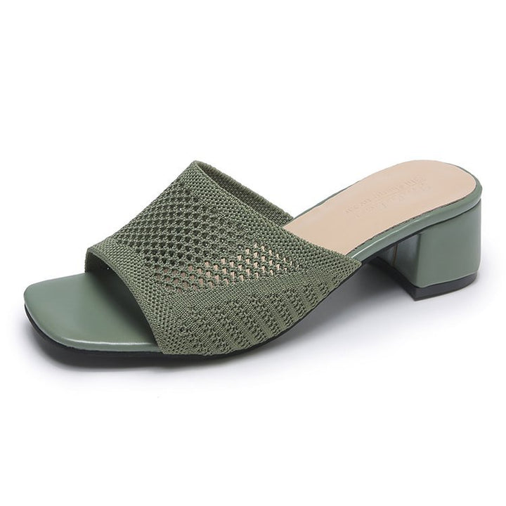 Damen nan gestrickte Sommermule mit niedrigem Blockabsatz und quadratischer Zehenform Drune