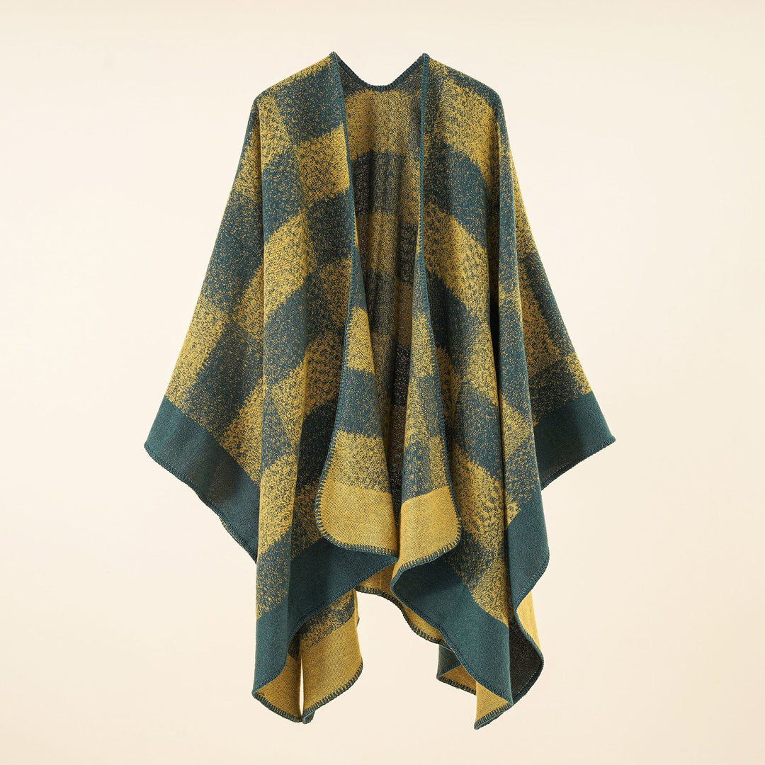 Damen Vielseitiger Wollmix-Überwurf im kastigen Kimono-Fall mit großflächigem Karojacquard Drune