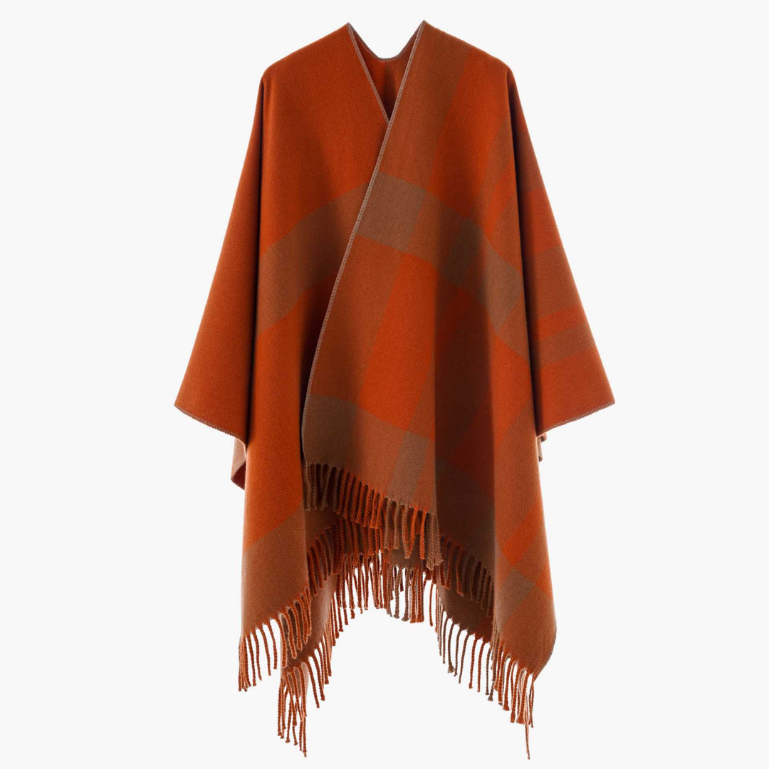 Damen Oversize-Cape mit Glencheck-Muster und Fransenabschluss Drune