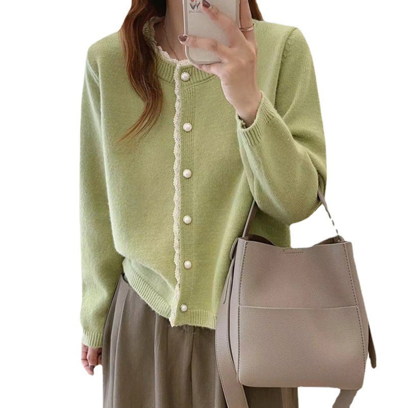 Damen Strickjacke mit Spitze und schönen Perlenknöpfen Drune