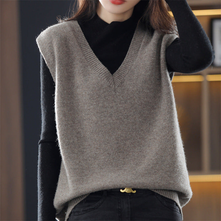 Damen Ärmellose Strickweste mit V-Ausschnitt und Feiner Textur Drune