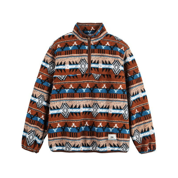 Unisex Fleecepullover Halbzip mit Aztekenmuster und hohem Stehkragen Drune