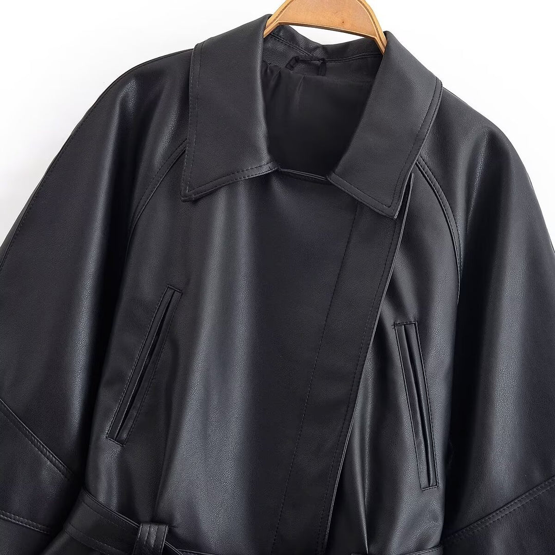 Damen Cropped-Lederoptik-Blouson mit Wickelgürtel, Oversize-Ärmeln und markanten Ziernähten Drune