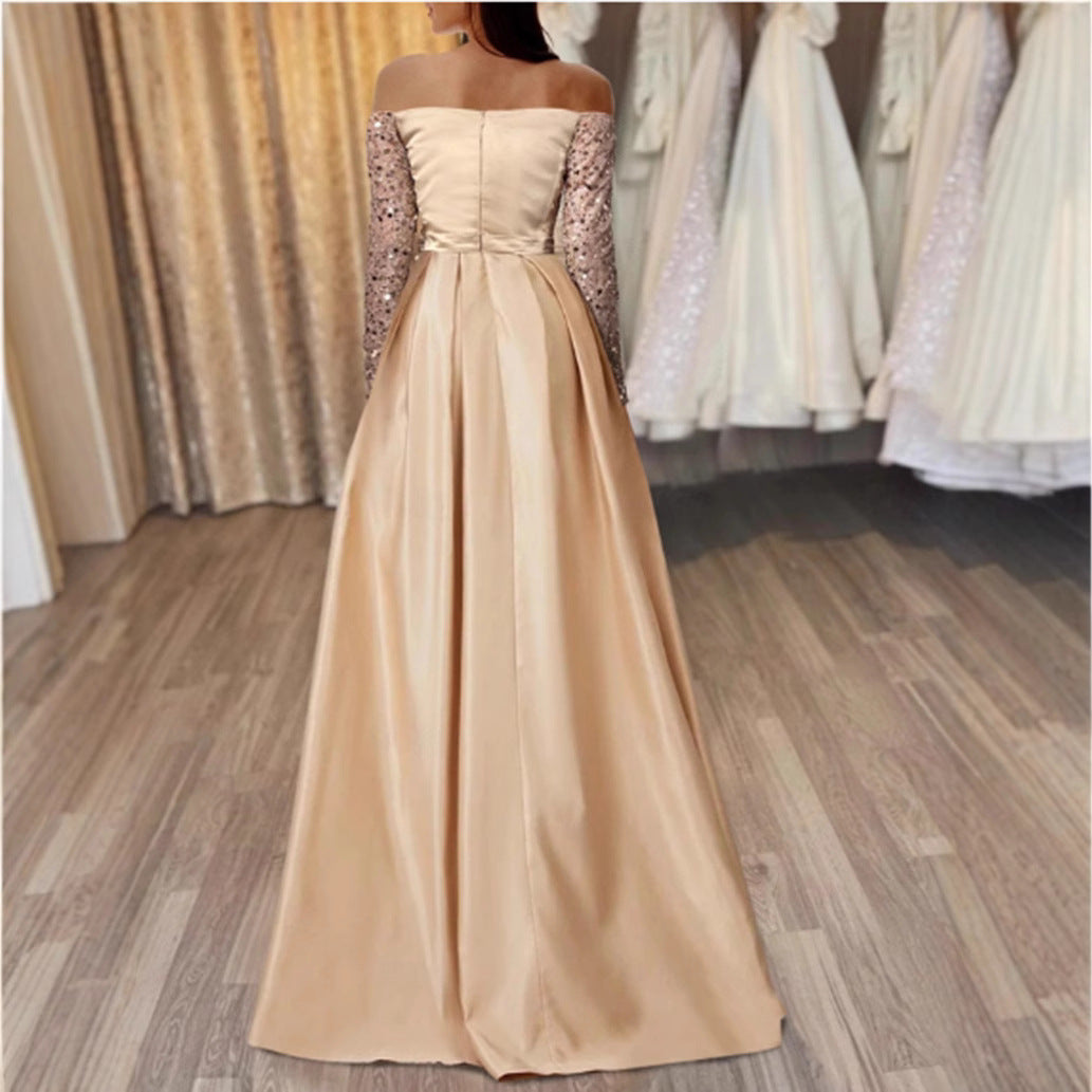 Damen Elegantes Ballkleid mit schimmerndem Oberteil und langen, bestickten Ärmeln Drune