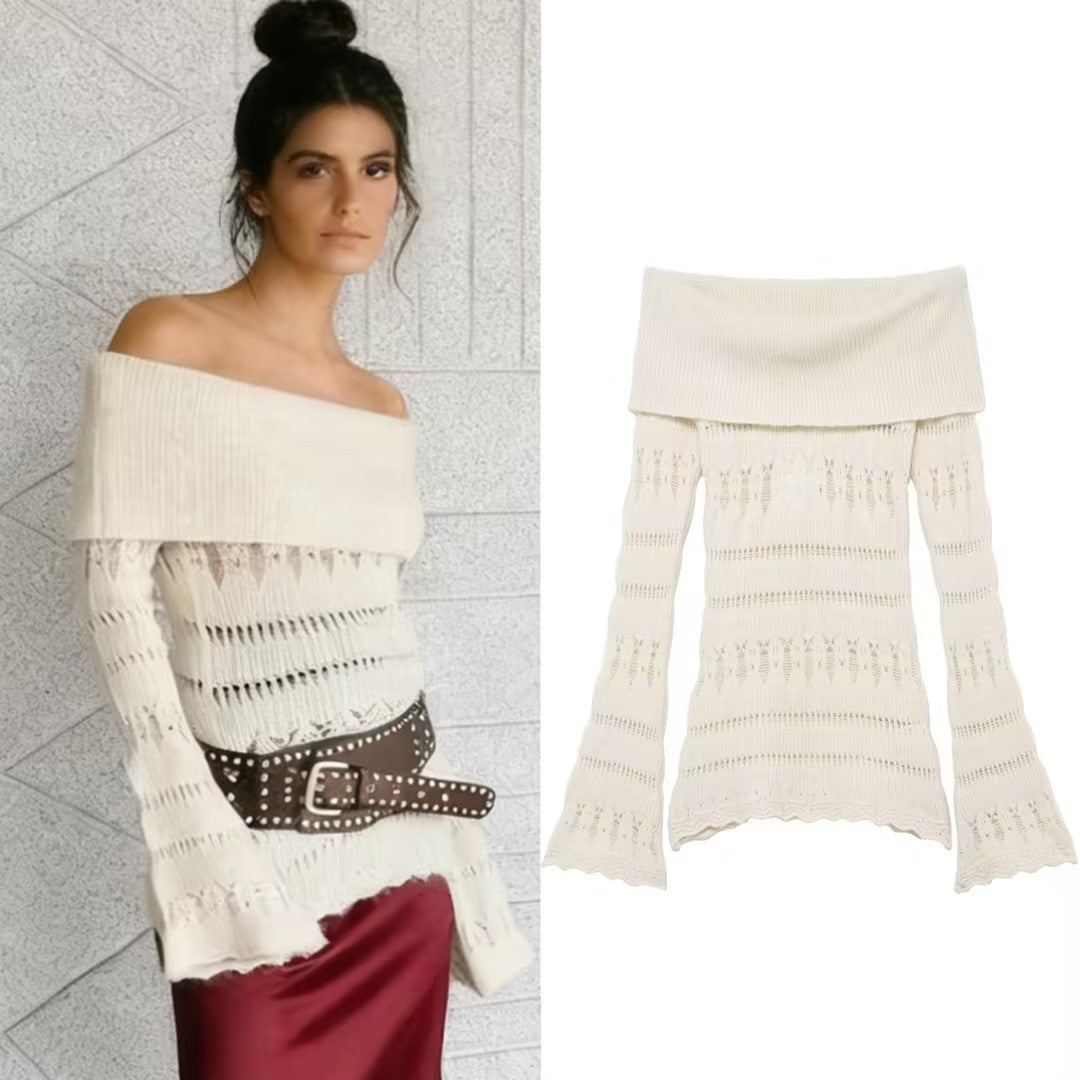 Damen Off-Shoulder Feinstrickpullover mit überfallendem Rollkragen und Trompetenärmeln Drune