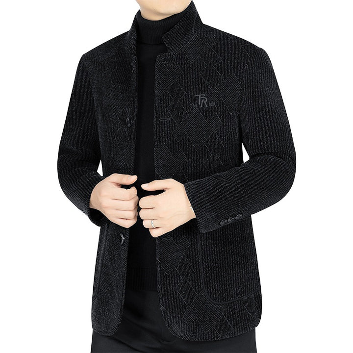 Herren Moderner Stehkragen-Blazer im Bouclé-Look mit feiner geometrischer Struktur Drune