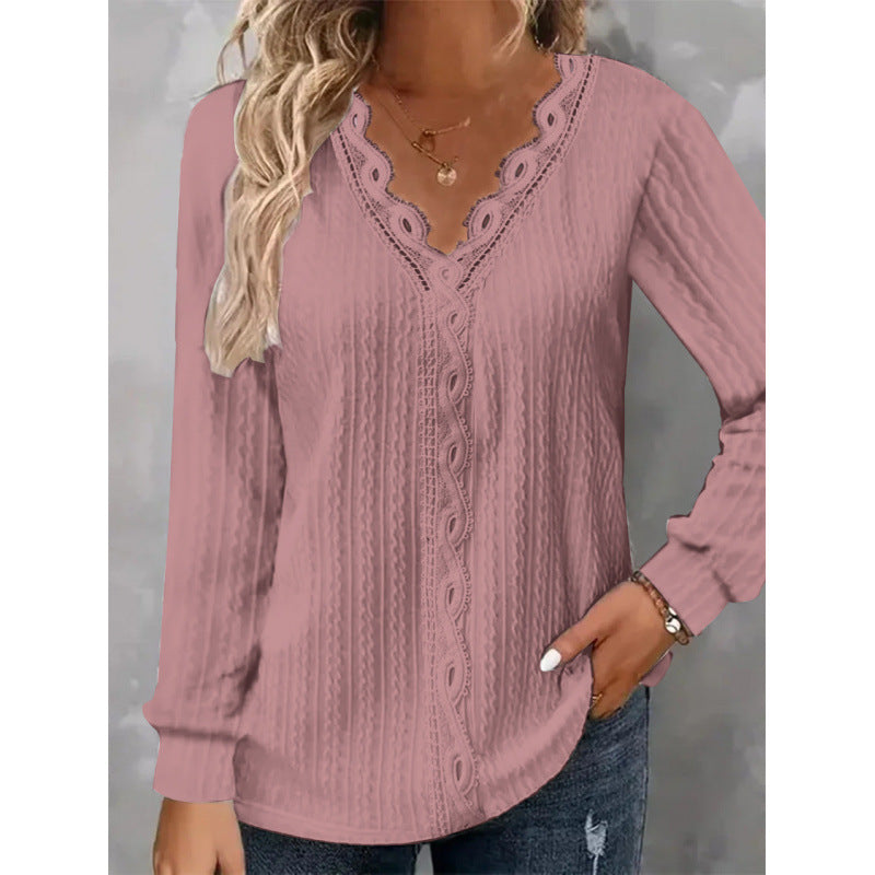 Damen Langarm Bluse mit eleganten Spitzenakzenten und strukturiertem Design Drune
