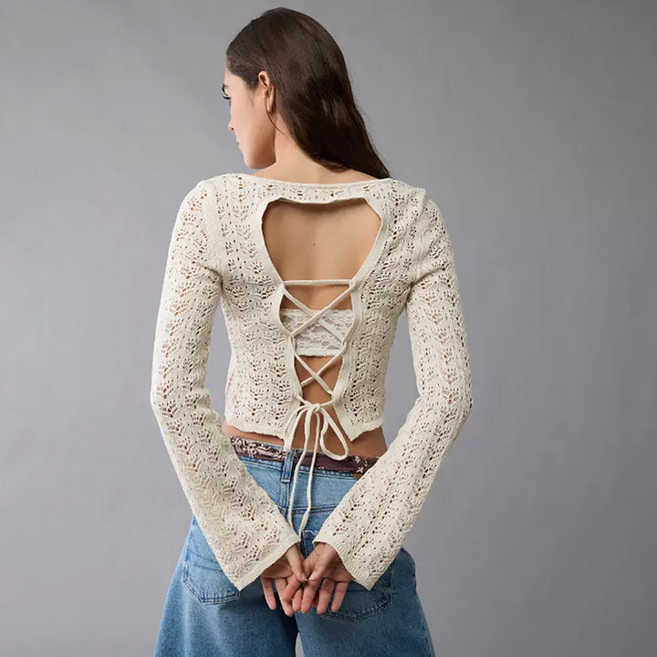 Damen Feinstrick-Cropped-Top mit Ajourmuster und Rundhalsausschnitt Drune