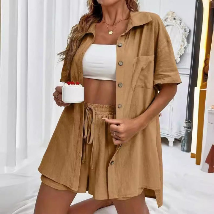 Damen luftiges Zweiteiliges Set mit Hemdbluse und Shorts Drune