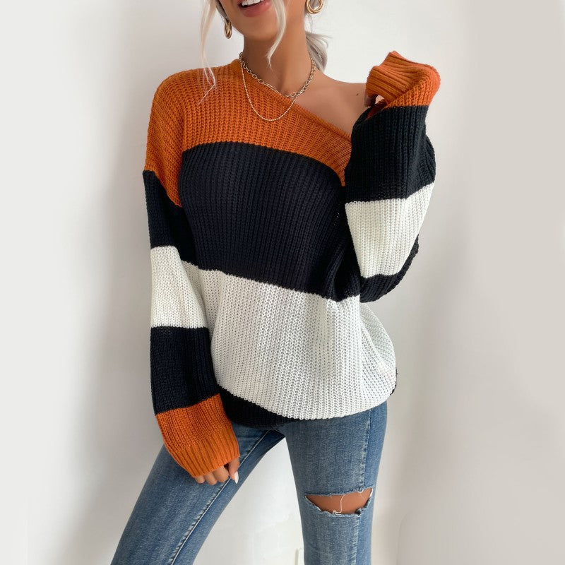 Damen Lässiger Gestreifter Pullover mit Off-Shoulder Design Drune