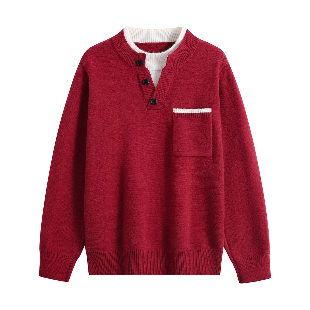 Herren Feinstrick-Henley-Pullover mit Knopfleiste, Brusttasche & Kontrastkragen Drune