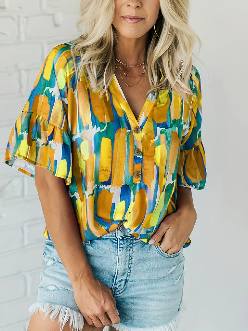 Damen Kurzarm Bluse mit buntem Grafikdesign Drune