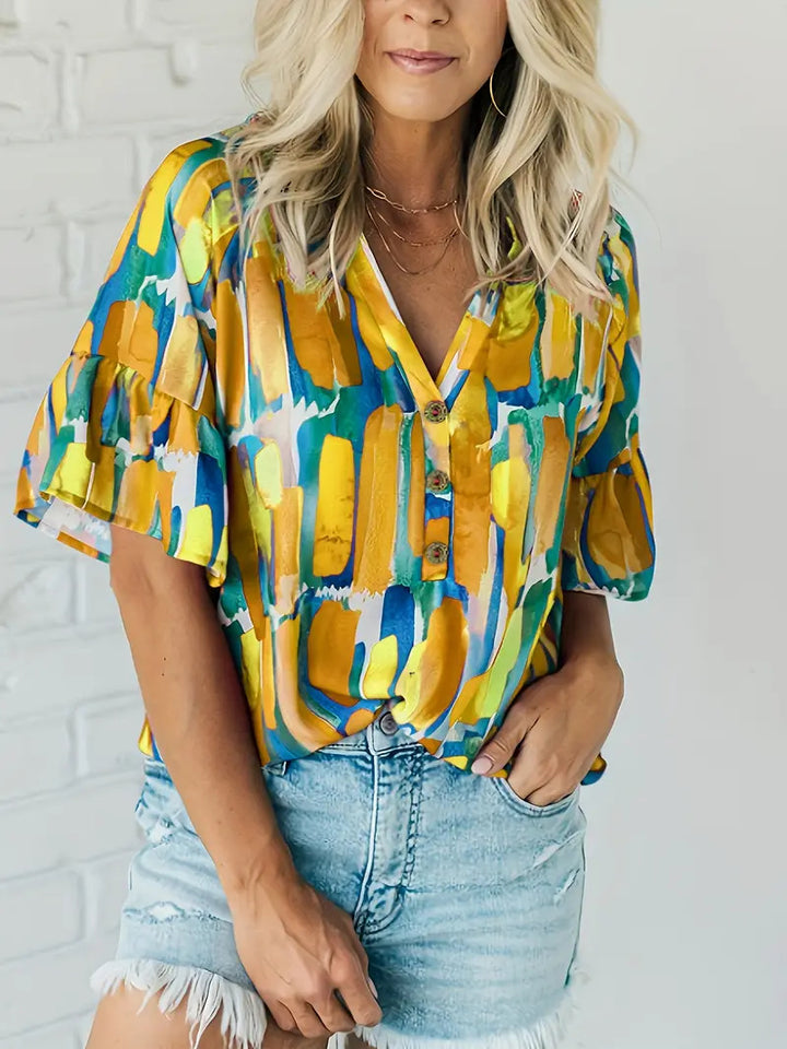 Damen Kurzarm Bluse mit buntem Grafikdesign Drune