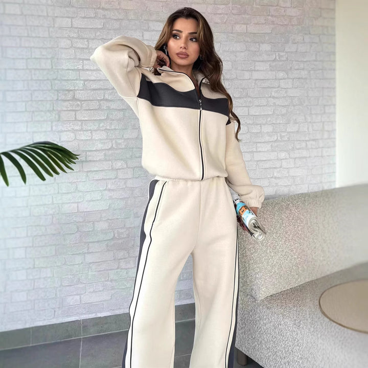 Damen Komfortables Campus-Lounge-Set mit kurzem Reißverschluss-Top und Seitenstreifen-Jogger Drune