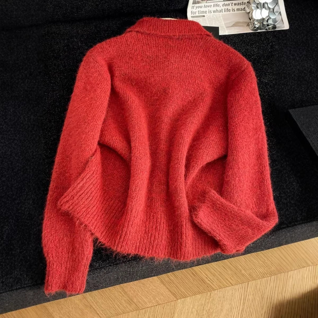 Damen verspielte Strickjacke mit großem Kragen Drune