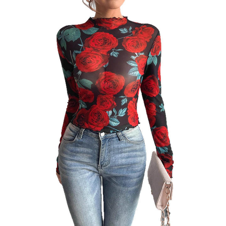 Damen nan figurbetontes Netz-Langarmshirt mit Rosenmotiv, Stehkragen und Wellensaum Drune