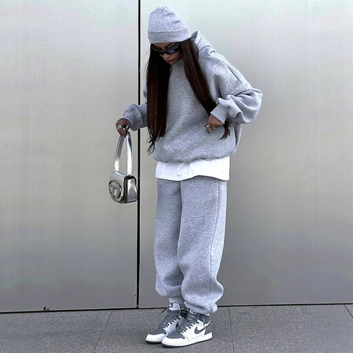 Damen urbanes Oversize-Lounge-Set mit Kapuzenpullover, locker geschnittener High-Waist-Jogginghose und passender Mütze Drune