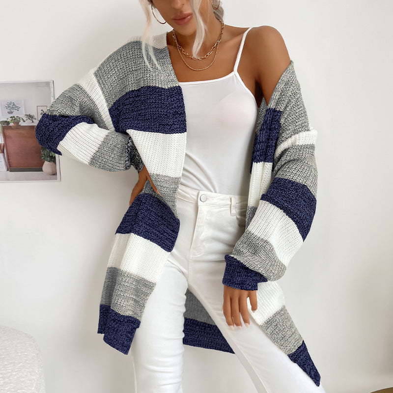 Damen Langer Oversize-Strickcardigan mit Blockstreifen und offener Front Drune