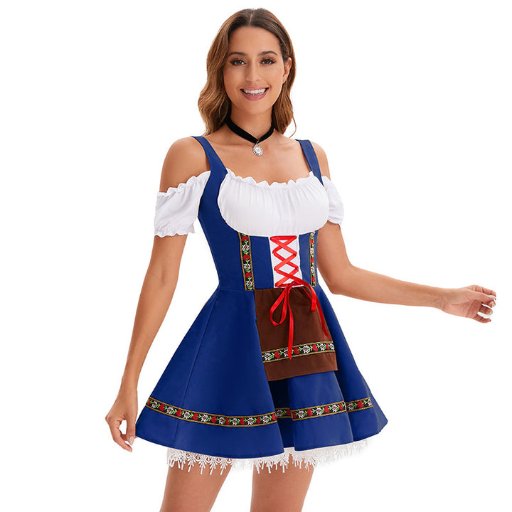 Damen nan traditionelles Oktoberfest Dirndl Minikleid mit Schnürung und abnehmbarer Schürze Drune