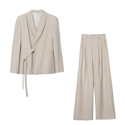 Damen Asymmetrisches Wickel-Blazer-Set mit Bindegürtel und weitem Bundfaltenhose Drune