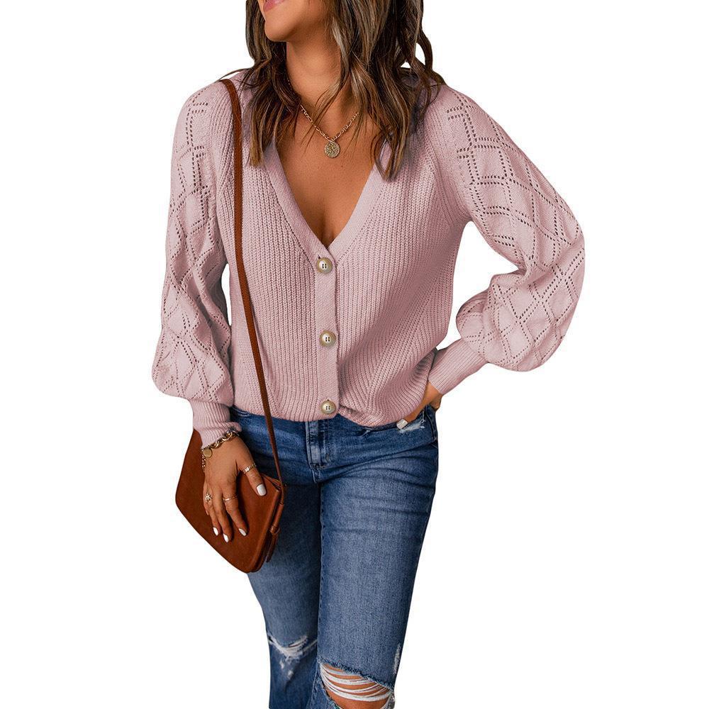 Damen Strickcardigan mit V-Ausschnitt, Zierknopfleiste und Ajourballonärmeln Drune